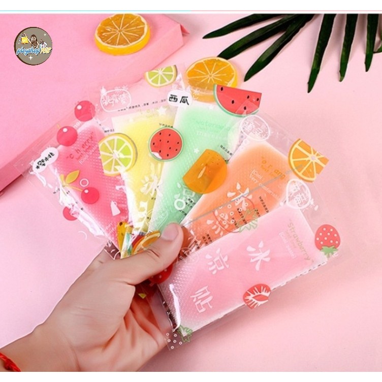 เจลลดไข้👉พร้อมส่งด่วน!! 1 ซอง มี 2 แผ่น กลิ่นผลไม้ สีสันสดใส ลายผลไม้ น่ารัก แผ่นเจลลดไข้ เจลเย็น