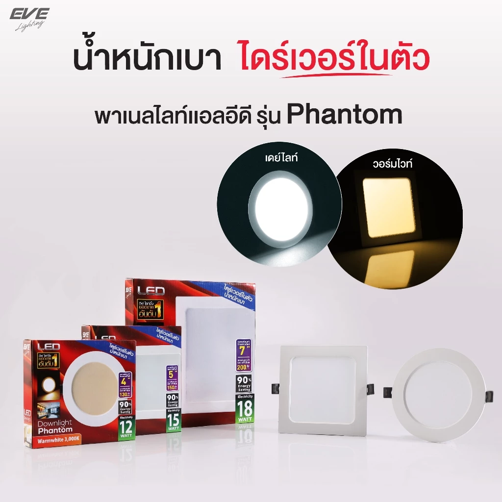 EVE โคมไฟ ดาวน์ไลท์ แอลอีดี รุ่น Phantom หน้ากลม/เหลี่ยม ขนาด 12W 15W 18W ระยะเจาะ 4, 5, 7 นิ้ว มีแสง Day และ Warmwhite