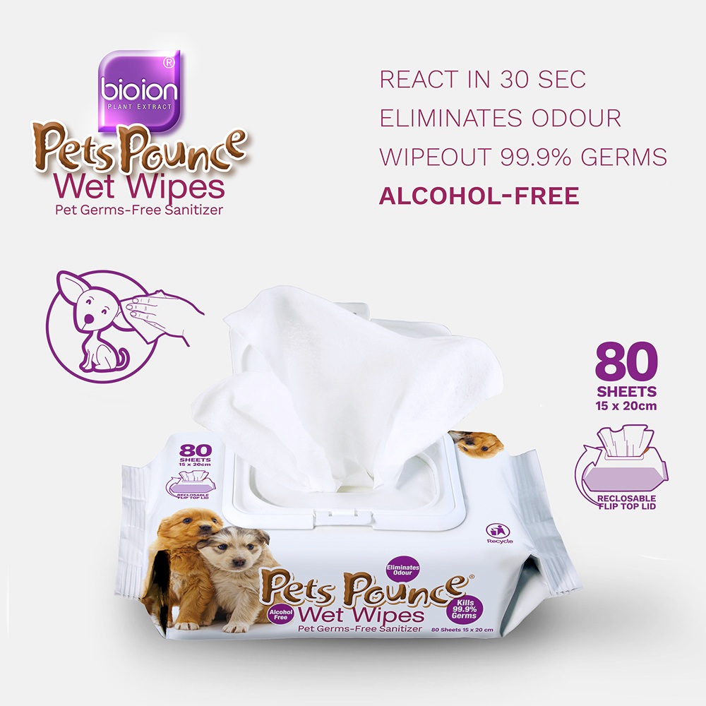 ผ้าเปียกแมว ผ้าเปียกสุนัข ทิชชู่เปียกแมว Pets Pounce สูตรลดแบคทีเรีย ดับกลิ่น 80 แผ่น ขนาด 15x20 cm