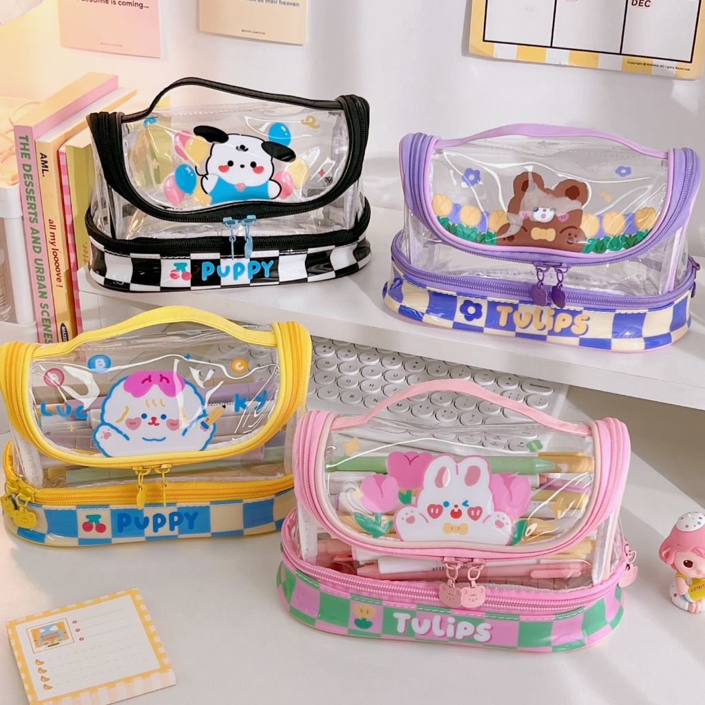 กระเป๋าดินสอ PVC ลายการ์ตูนน่ารัก กันน้ำ จุของได้เยอะ แบบ 2 ชั้น