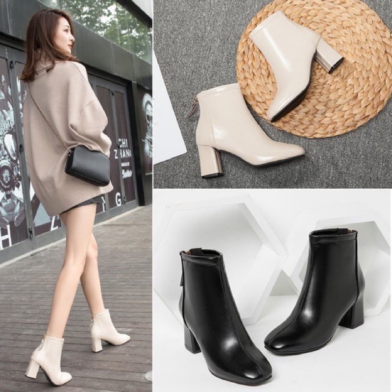 Chole G:Rinri Boots With Chunky Heels Zipper รองเท้าบูทหุ้มข้อสูงเรียบหรู ส้นสูง 7cm(SH0141)