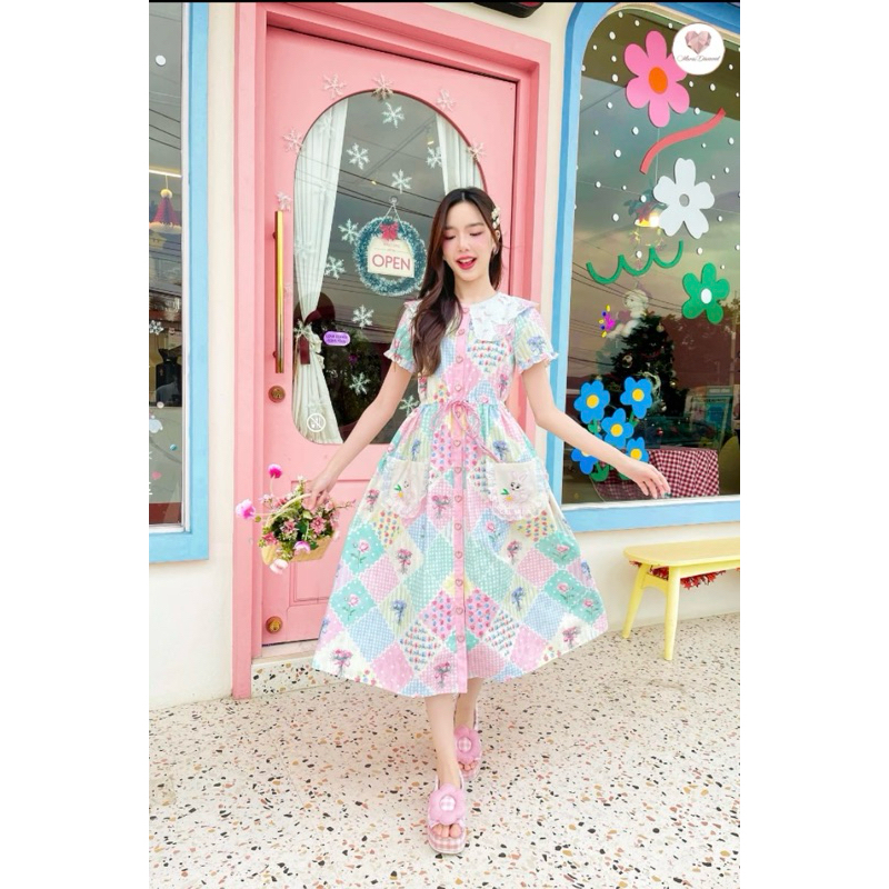 Cherlyn Bunny Dress เดรสยาวกระดุมหน้าโทนสีพาสเทล แบรนด์ Maria Diamond ไชส์S มือสอง