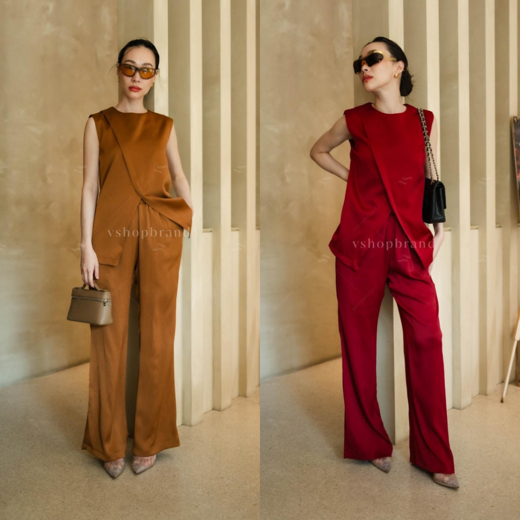 พร้อมส่ง ชุดเข้าเซทเสื้อแขนกุดชายไขว้ + กก.ขายาวเอวสม็อค งานป้ายvshop