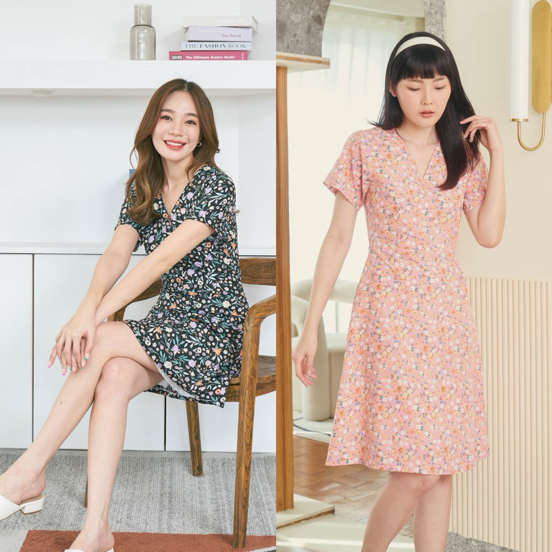 เดรสคอวีป้าย ลายดอกไม้ ( สีดำความยาวสั้นกว่าสีชมพูนะคะ )