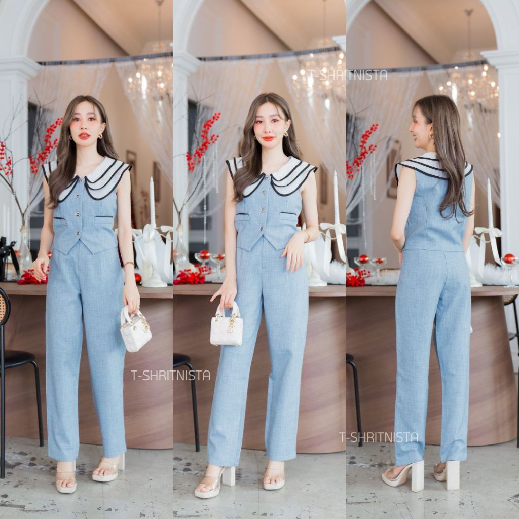 [ TGEKLZM ลด 100] EMMA Set 2pcs. เสื้อคอปกใหญ่ ผ้าคอตตอนเนื้อนุ่มอย่างดี สีสวยผู้ดีสุด แต่งกระดุมสุดหรูด้านหน้า T-SHI