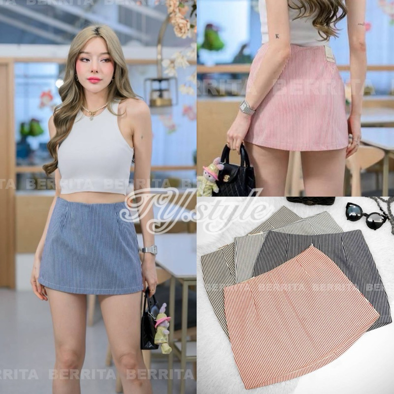 กระโปรงกางเกงผ้าทอลายริ้ว ซิปซ่อนข้าง ทรงกระโปรงรอบตัว#BR061