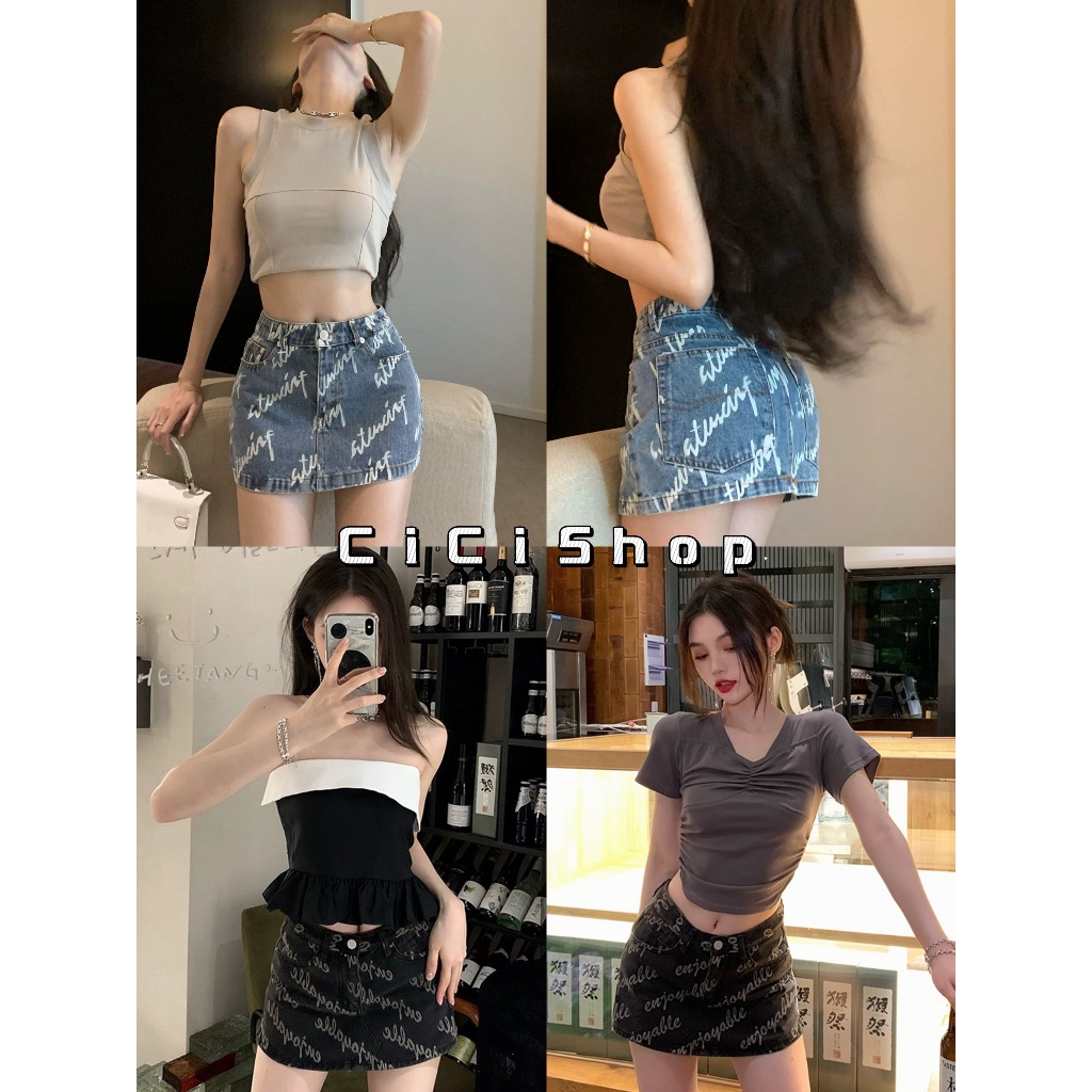 Cicishop(New8129)กระโปรงยีนส์สั้น ทรงเอ มีซับในกางเกง ดีเทลพิมพ์ลาย เก็บสัดส่วนได้ดี เเมทช์ได้หลายสไตล์