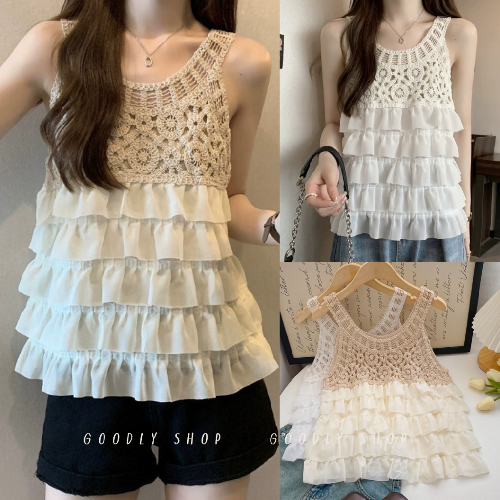 Goodly Shop (A2) ลุคคุณหนู! เสื้อแขนกุดถักโครเชต์ ลายลูกไม้ ระบายชาย สไตล์ฝรั่งเศส สไตล์หวานๆ ใส่เที่ยวทะเล ถ่ายรูปชิคๆ
