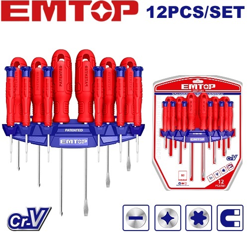 EMTOP ชุดไขควง 12 ตัวชุด (ปากแบน + ปากแฉก) พร้อมแผงแขวนผนัง รุ่น ESST1201 ( 12 pcs Screwdriver Set )