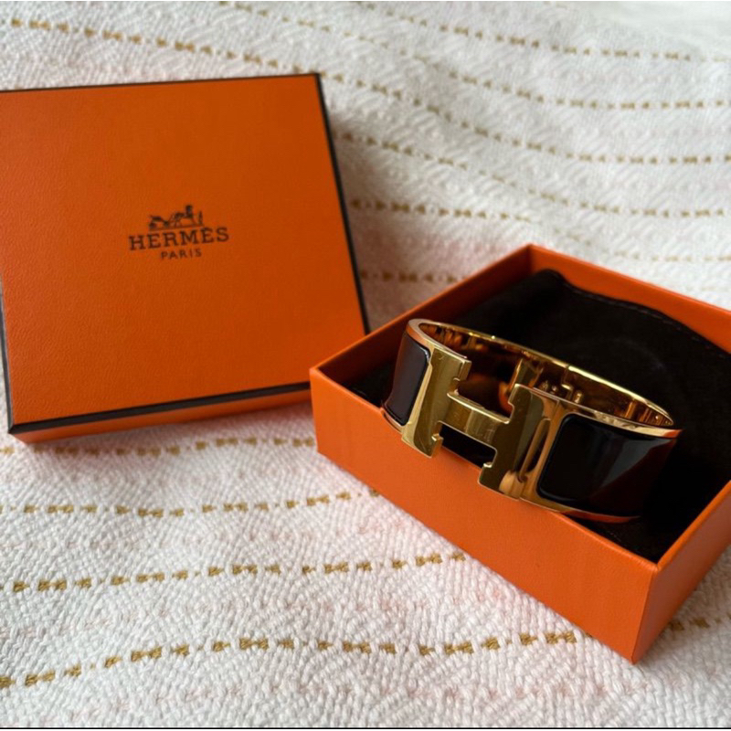 Hermes กำไลข้อมือสีดำอะไหล่ทอง