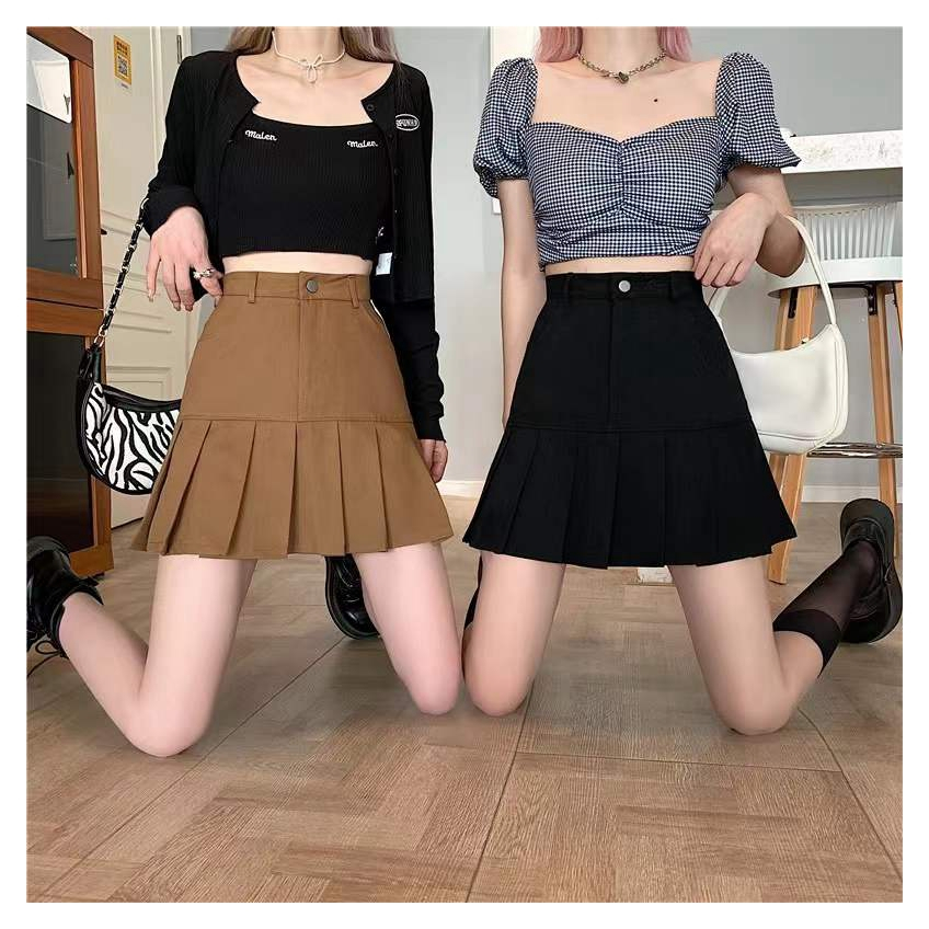 อพร้อมส่ง กระโปรงY2K กระโปรงพลีท เอวสูง สีพื้นแมทช์ง่าย มีกระเป๋าสองข้าง #2324