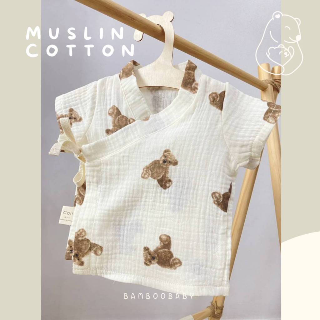 Cali เสื้อเด็กอ่อน​ ผูกหน้า 0-3 เดือน ผ้ามัสลินทอ สไตล์เกาหลี 🤎*ป้าย Cali​ baby​
