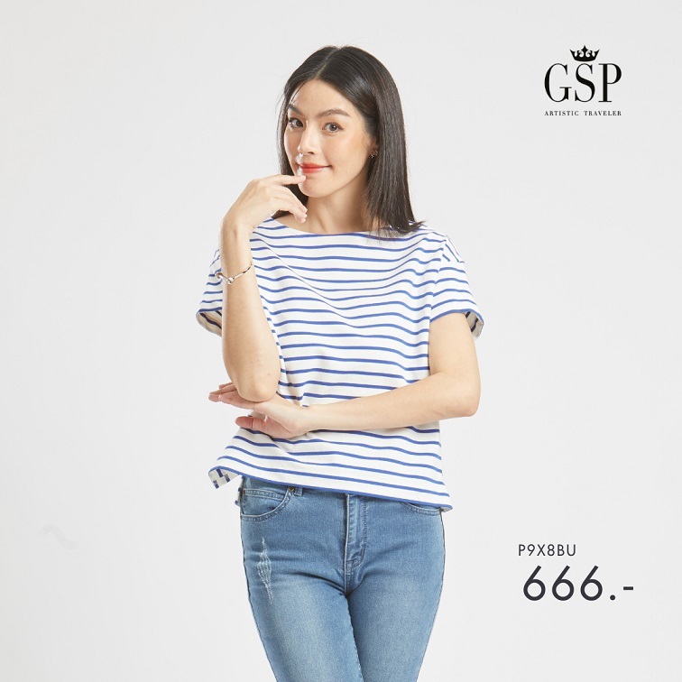 GSP Blouse เสื้อยืดแขนสั้นลายริ้วสีขาวกรม Lucky Stripes (P9X8BU)