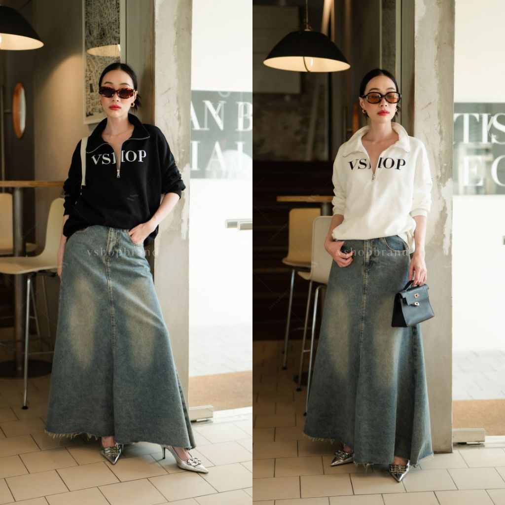 พร้อมส่ง เสื้อแขนยาวแต่งซิปอก สกรีน Vshop อก งานป้าย vshop