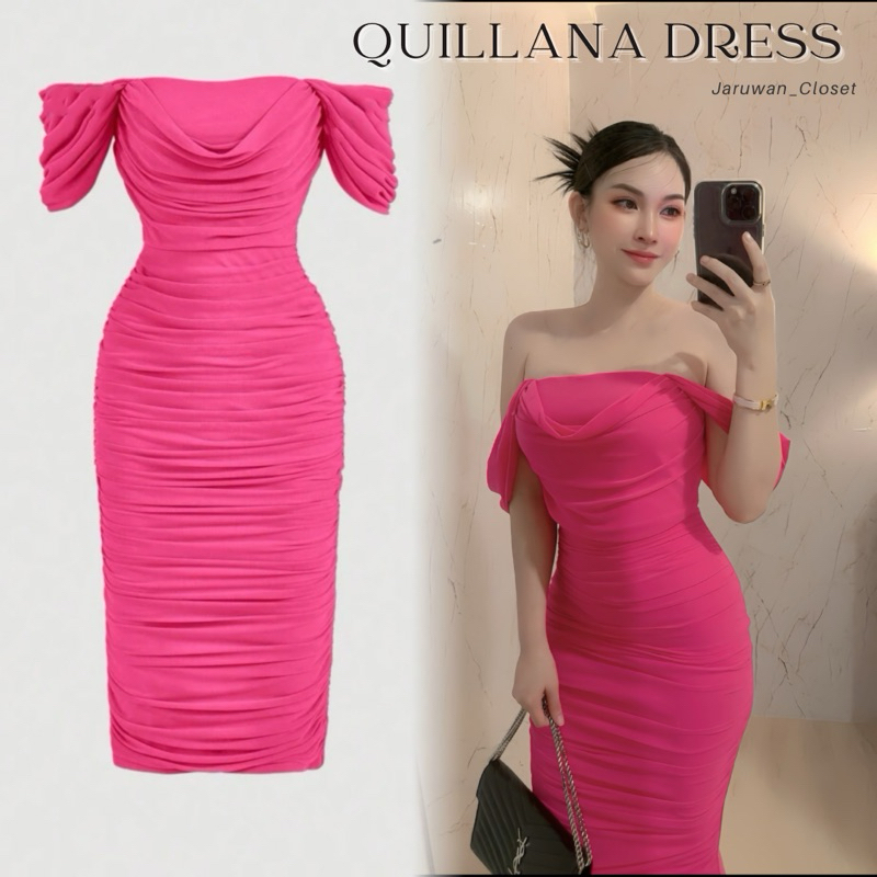 QUILLANA DRESS เดรสยาวแต่งถ่วงอก เปิดไหล่ เดรสออกงานเรียบหรู