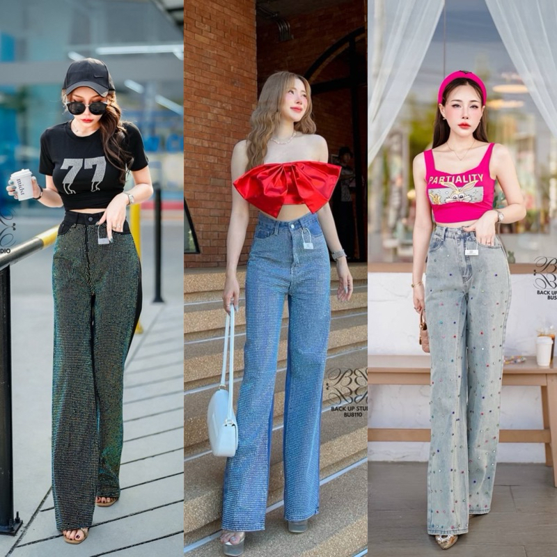 กางเกงยีนส์ขายาว เอวสูง เเต่งเพชรเเน่นๆ งานเนียบสวยมาก S-6XL
