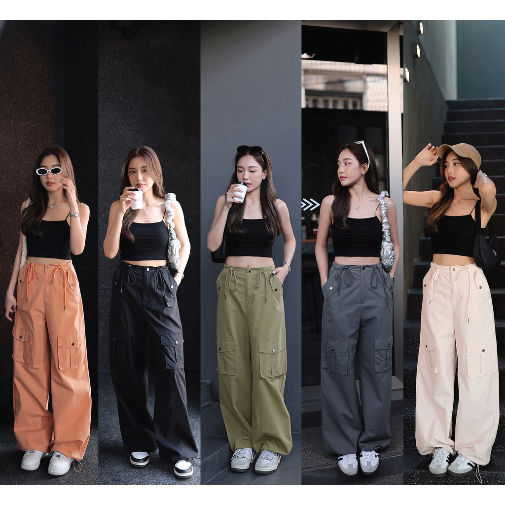 NUMBERSEVEN - N7040 Baggy Cargo Pants มี 5 สี : สีชาไทย , สีครีมชีส , สีชาโคล , สีมัทฉะ , สีดำ