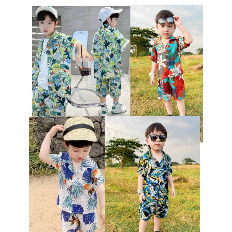 งานไทยเข้าใหม่ล่าสุด ฮาวาย ผ้านุ่ม ชุดเด็ก 1-12 ขวบ เสื้อคอปกแขนสั้นคู่ขาสั้น แฟชั่นฤดูร้อน ชุดเด็กสไตล์เกาหลี เซ็ตฮาวาย