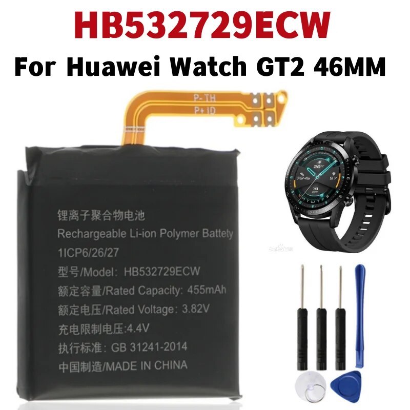 แบตเตอรี่ HB532729ECW สำหรับนาฬิกา Huawei GT2 GT 2 Pro 46มม. HB472023ECW สำหรับนาฬิกา Huawei 2 GT2 42มม./ 455mAh+ชุดไขคว