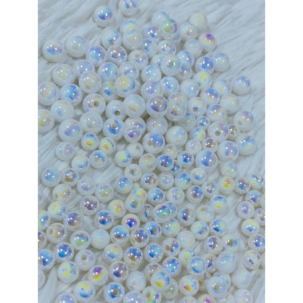 ลูกปัดอะคริลิค ขาว เคลือบโฮโลแกรม 6mm 8mm 10mm ลูกปัดมีรู สำหรับงาน DIY อุปกรณ์เสริมงานฝีมือ ทำพวงกุญแจ