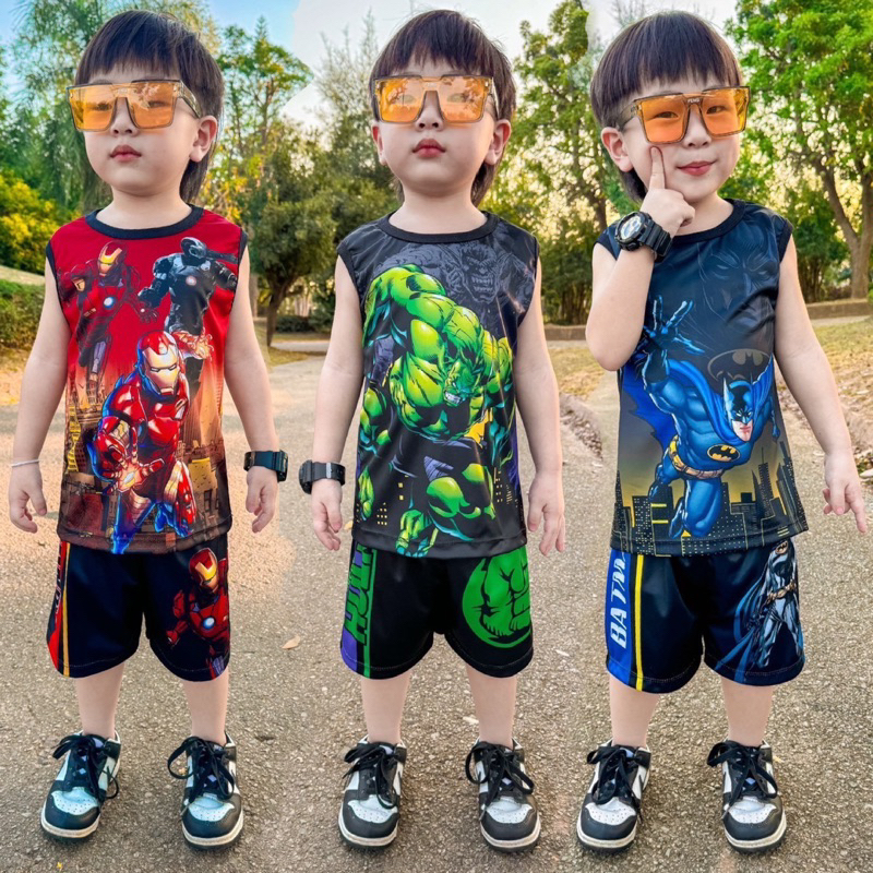 ชุดเซ็ทรุ่นพื้นสีดำ เสื้อกล้าม+กางเกงขาสั้น ชุดเด็ก ลายซุปเปอร์ฮีโร่ การ์ตูน ผ้าไมโครไฟเบอร์