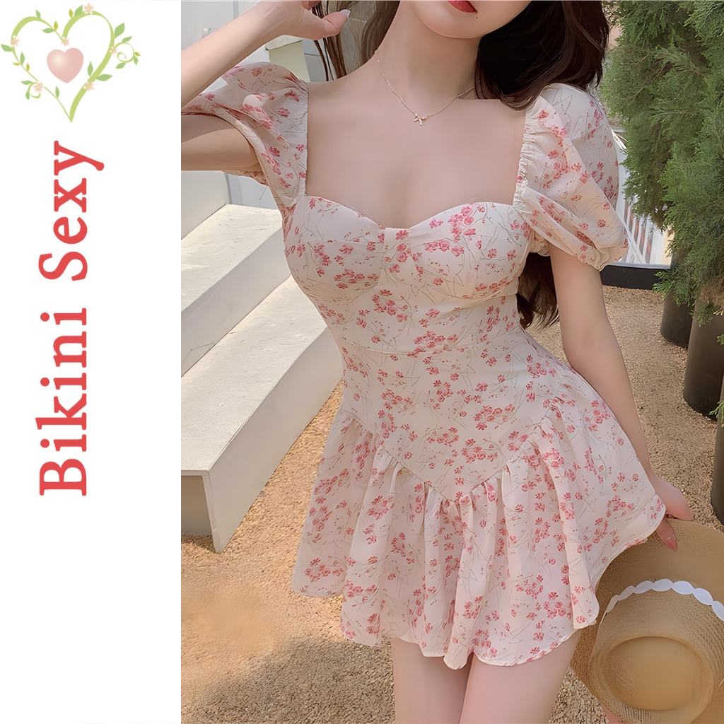BikiniSexy ชุดว่ายน้ํา กระโปรง ชุดว่ายน้ําลายดอกไม้ แขนพัฟ ส่งจากไทย #0065