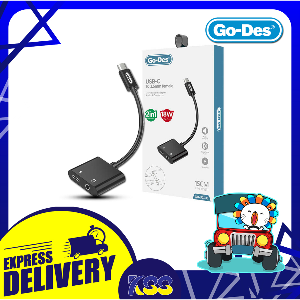 สายแปลงเสียงสมาร์ทโฟน GO-DES USB-C TO 3.5MM STEREO AUDIO & CONNECTOR 2 IN 1 18W รุ่น GD-UC038 พร้อมส