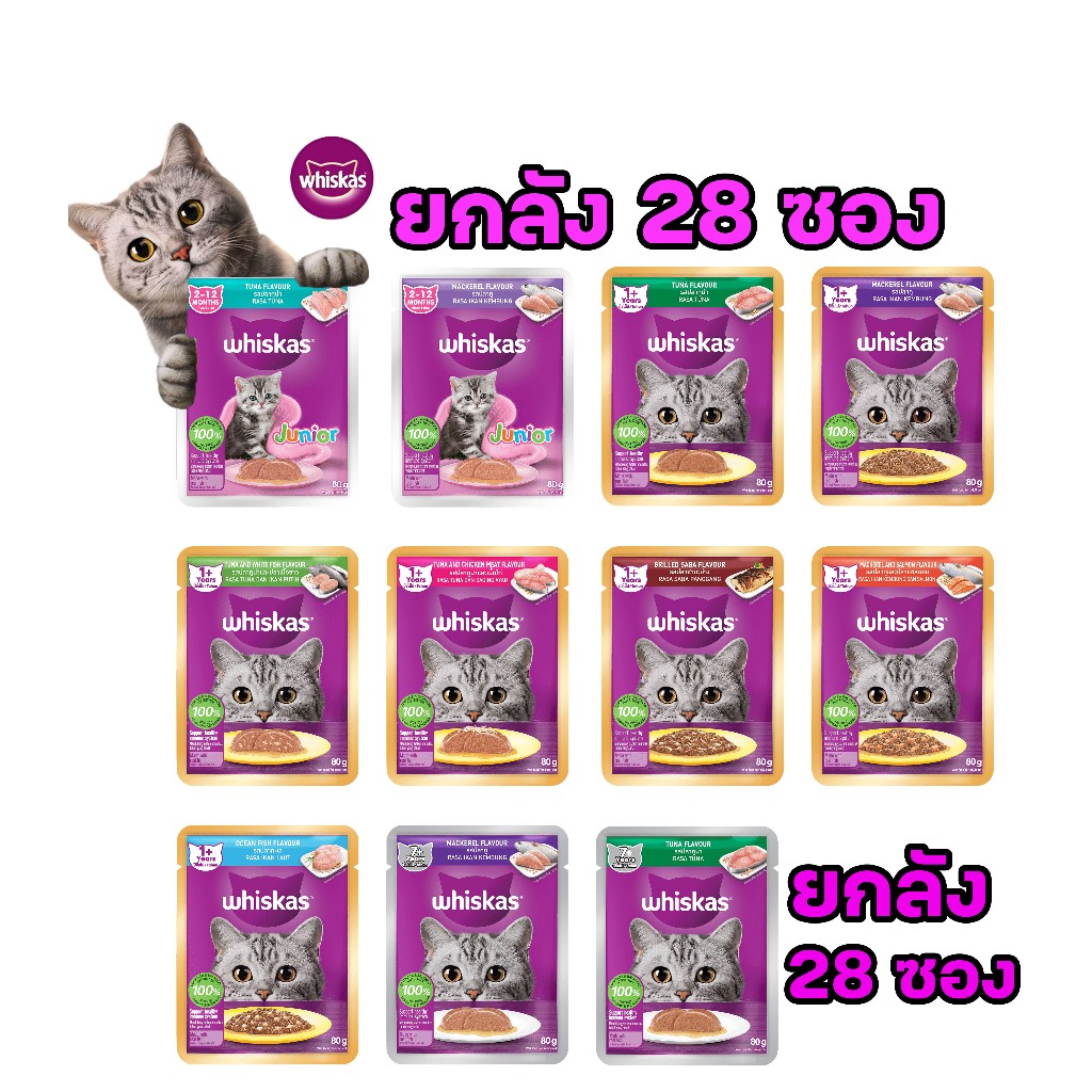 (ยกลัง โฉมใหม่ 28ซอง) Whiskas pouch วิสกัส อาหารแมวชนิดเปียก 80g แบบซอง อาหารเปียกแมว อาหารแมวเปียก เพาซ์