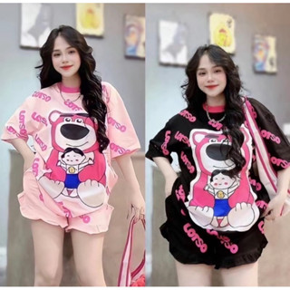 ชุดเซ็ท 2ชิ้น พิมพ์ลายหมีล๊อตโซ่ (ขาสั้น) ปลายขากางเกงเเต่งร…