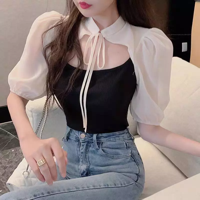 C10🌼เบลาส์สไตล์เกาหลี สาวอวบใส่ได้ รอบอก 32-60 ++ สีทูโทน ขาว-ดำ แขนตุ๊กตา ผ้าร่องยืดได้เยอะ มีเชิอกผูกโบว์