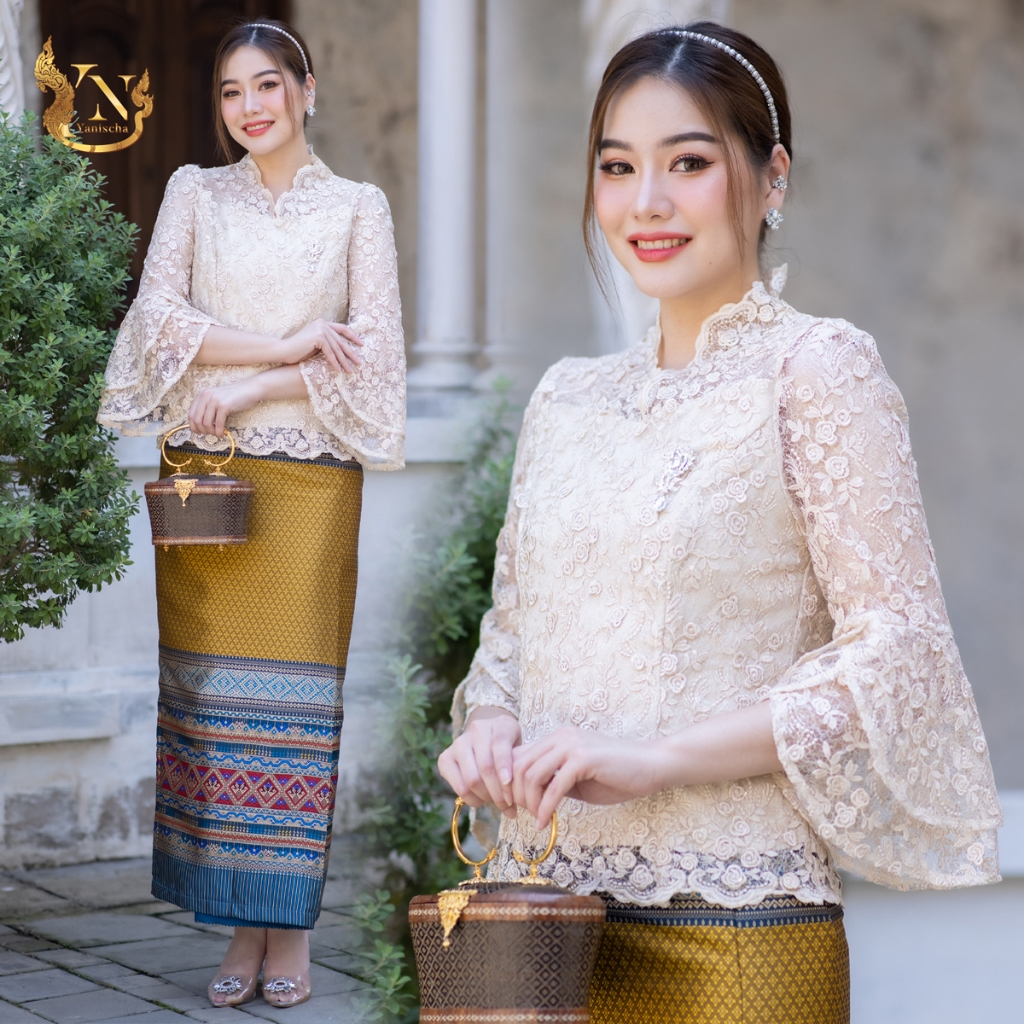 เสื้อลูกไม้ฝรั่งเศสดอกลอย เกรด Premium!! ชุดออกงาน ไปวัด ทำบุญ - ผ้าถุง ทอลาย เย็บสำเร็จ