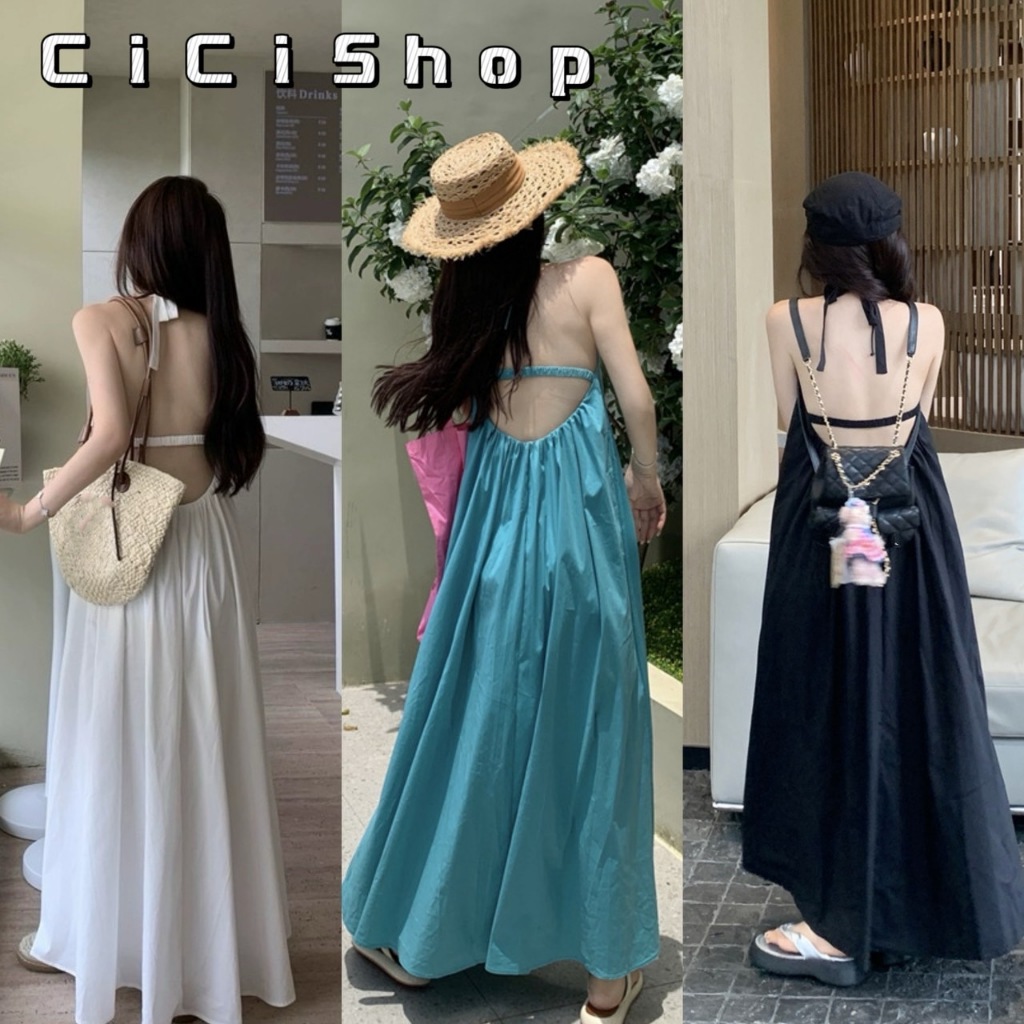 Cicishop(new3212)ชุดเดรสคล้องคอกระโปรงยาว ดีเทลสายสม๊อกคลัง เหมาะสำหรับช่วงซัมเมอร์ สไตล์ฝรั่งเศษ