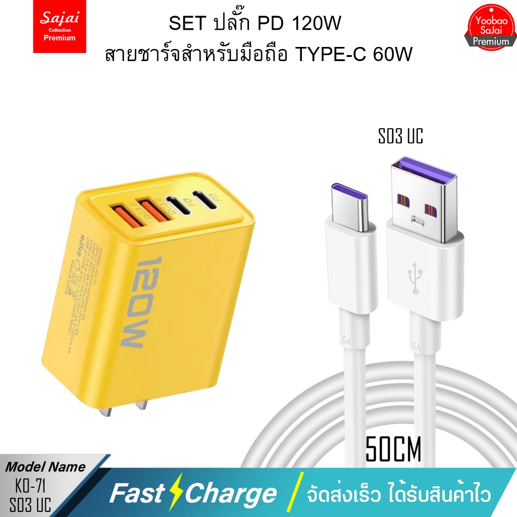 หัวชาร์จ Adapter K0-71 SET ปลั๊ก PD 120W(Adapter K0-71+สายS03UC 50cm 3.0)สายชาร์จสำหรับมือถือ S03UC USB/TYPE-C 60W