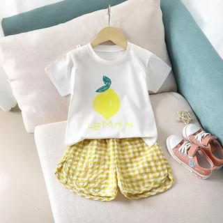 P06 ชุดเสื้อแขนสั้น ชุดเด็ก ลายผลไม้ และ กางเกงขาสั้นลายสก๊อต ผ้านิ่ม ใส่สบาย Set 2 ชิ้น