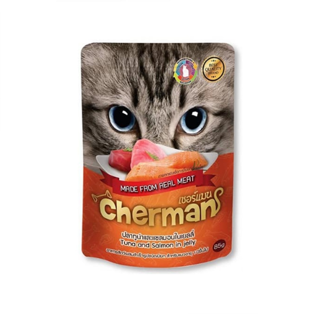 Cherman อาหารเปียกในเยลลี่สำหรับแมว รสปลาทูน่าแซลม่อน (ซองส้ม) 1 ซอง 85g