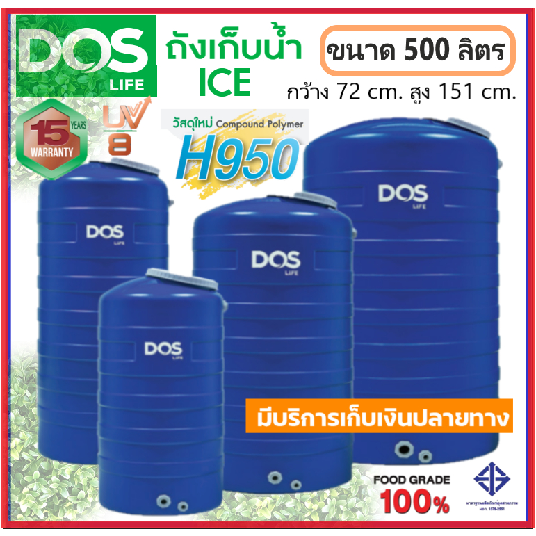 ถังเก็บน้ำ DOS ICE 💙 ดอส ขนาด 500 ลิตร (สีน้ำเงิน) ป้องกันตะไคร่น้ำ  รับประกัน15ปี