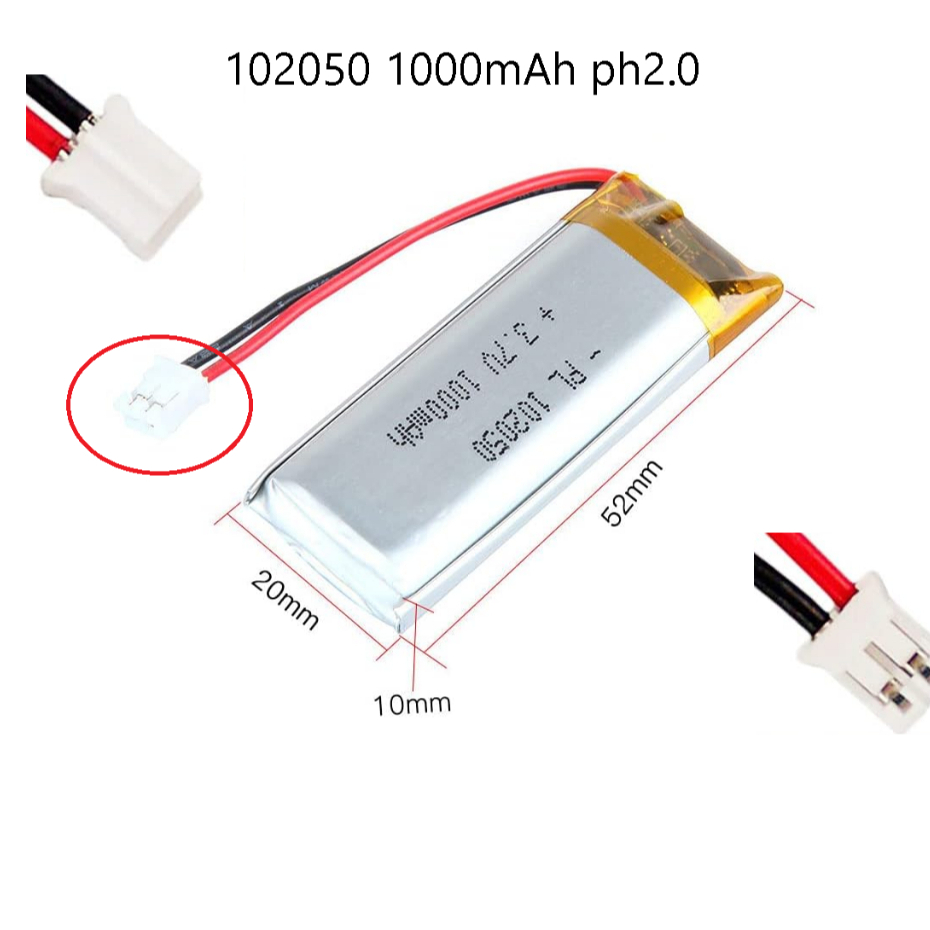 102050  3.7v 1000mAh เข้าหัว ph2.0  MP4 GPS สำหรับ  MP3 Bluetooth Stereo DIY Gift