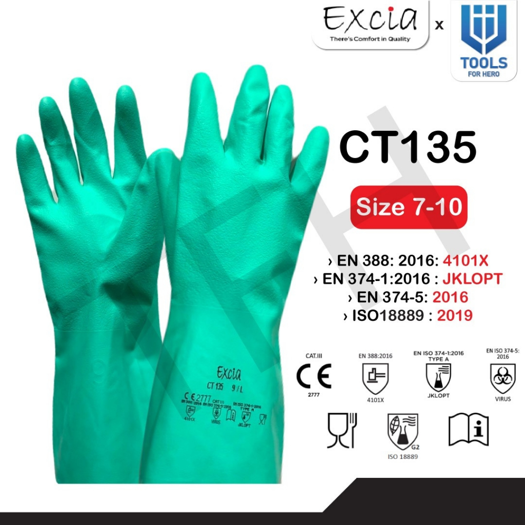 EXCIA รุุ่น CT135 ถุงมือเซฟตี้ Nitrile ป้องกันสารเคมีได้ดีที่สุดในตลาด ตามมาตรฐาน EN374-1:2016 : JKL