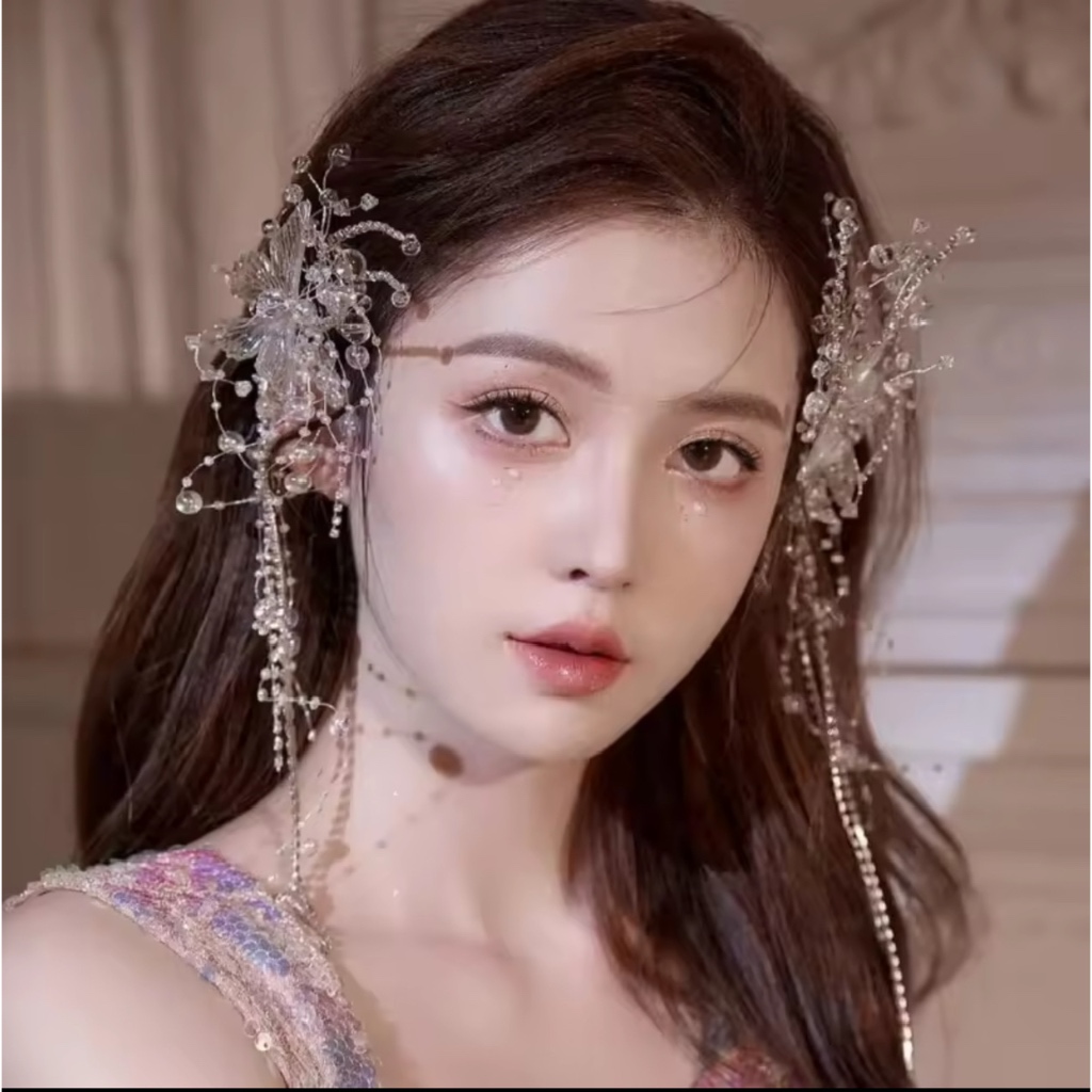 พร้อมส่ง กิ๊บผีเสื้อ ห้อยเส้นลูกปัดมุกและเพชร พริ้วไหวออนโยน สไตล์แฟร์รี่ ใส่ ตรุษจีน ถ่ายได้รูปปังๆ