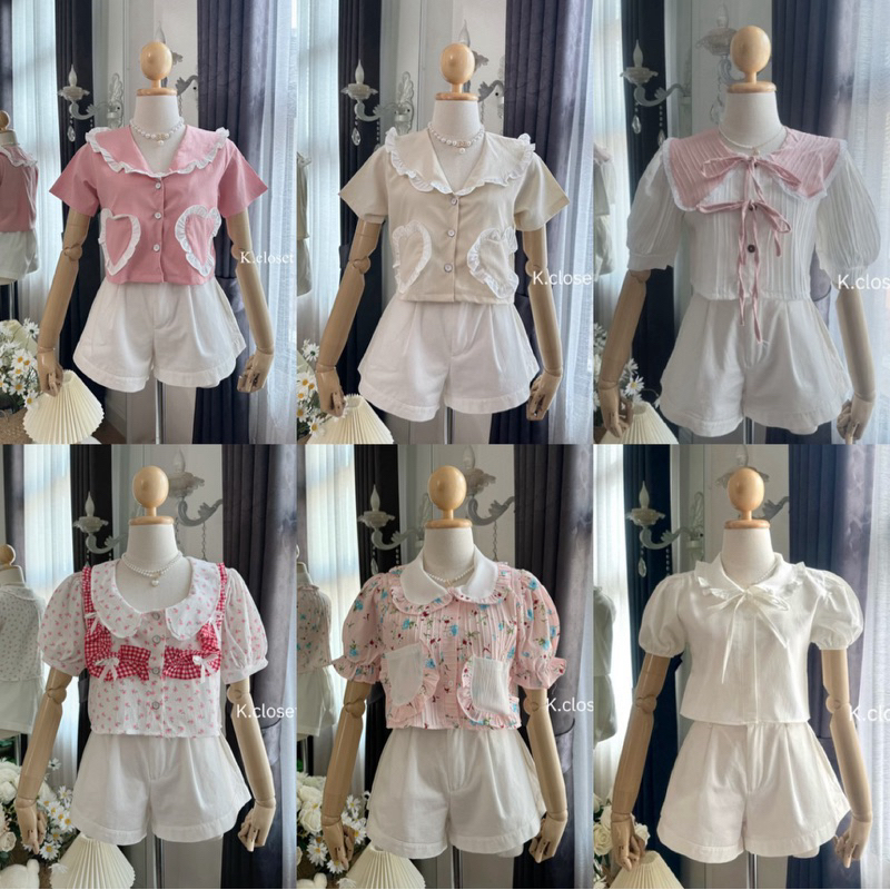 เสื้อครอปคอบัว ปกซ้อนลายสก็อต เสื้อผู้หญิง