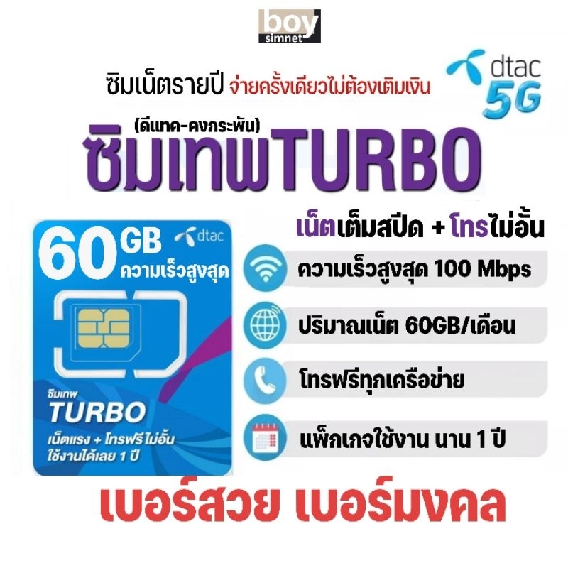 ซิมเทพ Dtac Turbo เน็ต Maxspeed 60GB/เดือน + โทรฟรีทุกเครือข่าย​ นาน​ 12 เดือน #ดีแทคคงกระพัน#ซิมเน็ตรายปี#เลือกเบอร์ได้