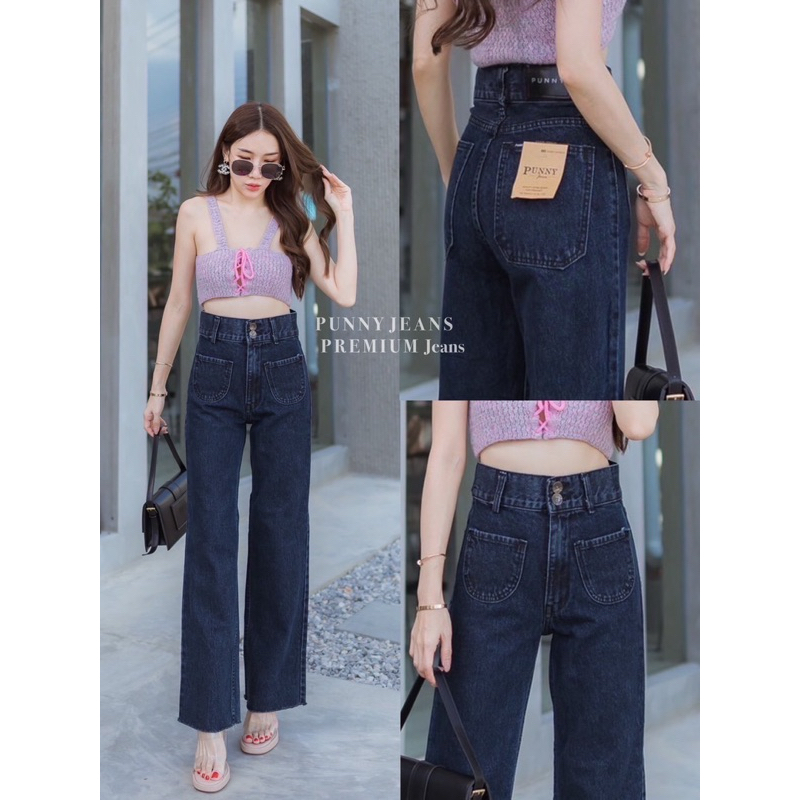 Punny jaens กางเกงยีนส์ขากระบอกตรง แปะกระเป๋าหน้า ผ้าไม่ยืด เอวสูงไมีไซด์ใหญ่S-40