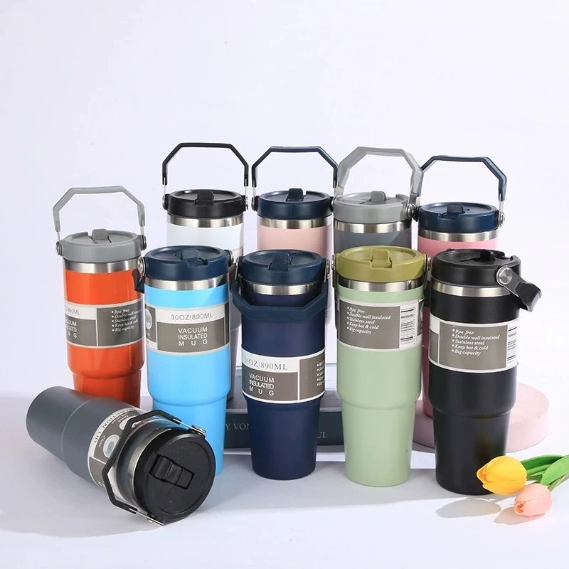 BI[ลูกค้าใหม่1฿]แก้วสแตนเลส พร้อมหูหิ้ว เก็บความเย็น ขนาด 30Oz พร้อมหลอด