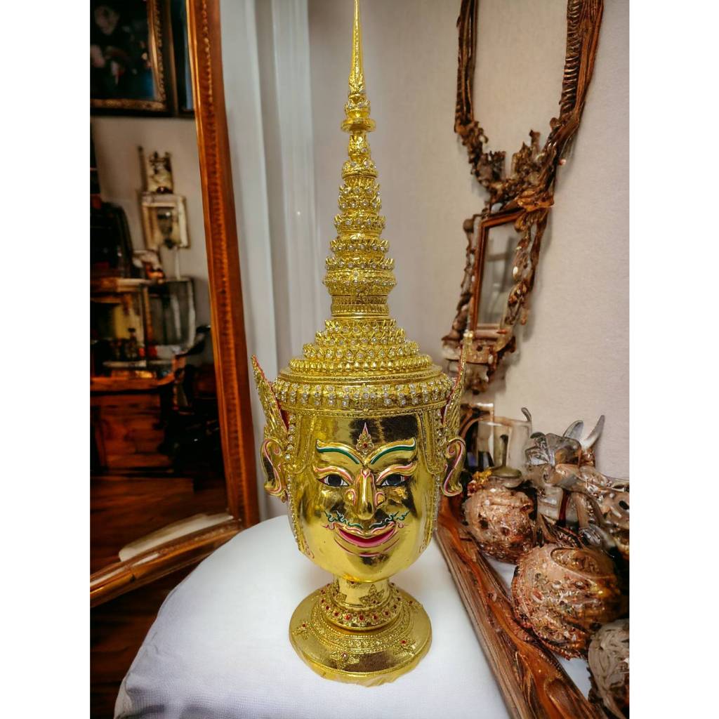 หัวโขน พระลักษณ์ งานกระดาษ ใส่ตาแก้ว ปิดทองเค ประดับพลอย แถมขาตั้งไม้อัดสีแดงฟรี งานสวย ขนาดครอบศรีษะ