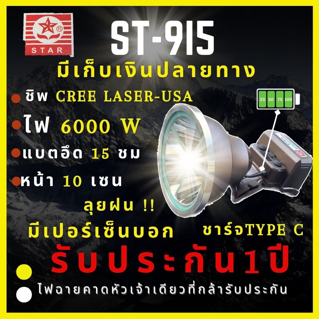 [มีของแถมรับประกัน 1 ปี ศูนย์ไทย2024] Super Star ไฟฉายคาดหัว 6,000 วัตต์ แบต15,000mAh ส่องไกล3000เมตร ลุยฝน หน้า 10 เซ็น