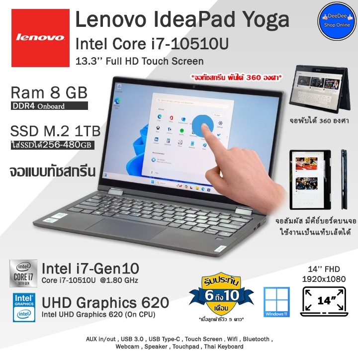 Lenovo Ideapad Yoga Core i7-10510U(Gen10) จอทัชสกรีนพับได้ใช้งานลื่นๆ คอมพิวเตอร์โน๊ตบุ๊คมือสอง พร้อมใช้