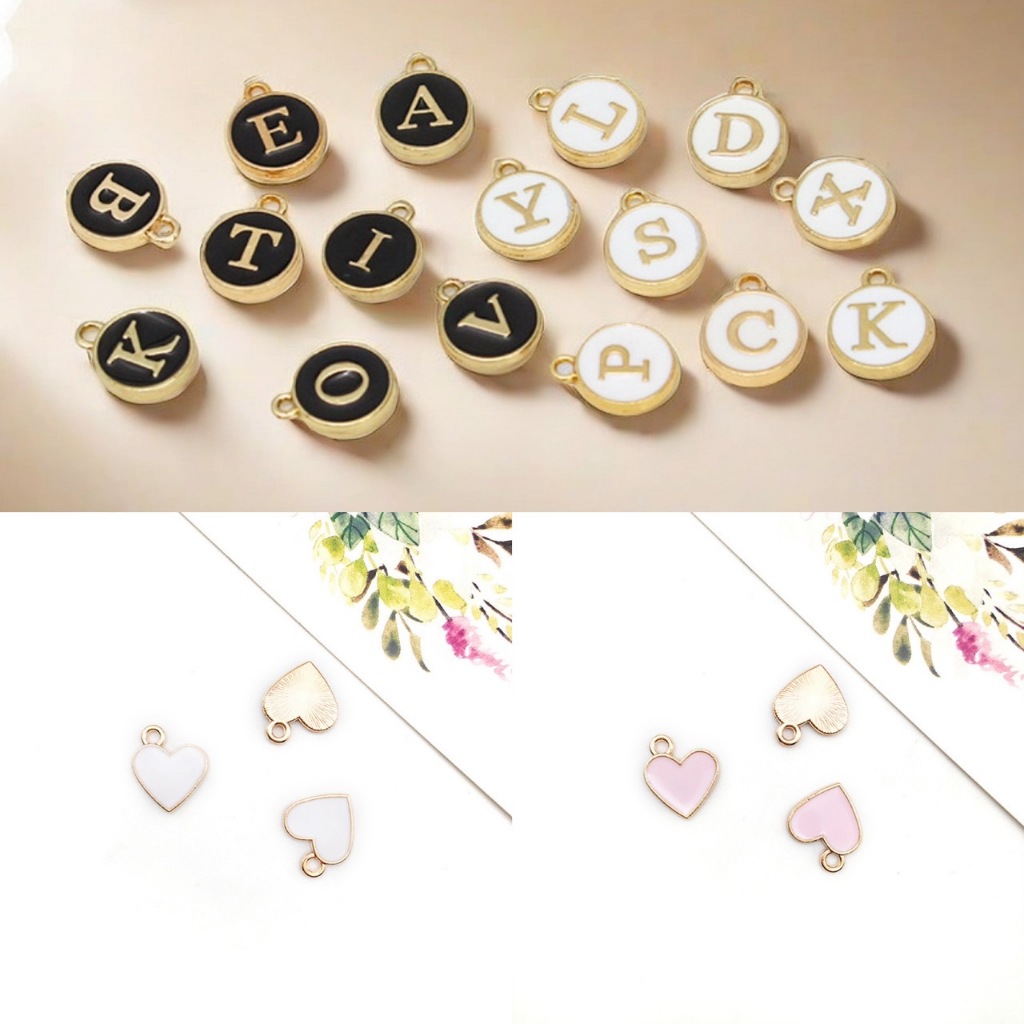 โล๊ะ จี้ตัวอักษรโลหะ,หัวใจ สีขาวสีดำ สำหรับทำเครื่องประดับ สร้อยคอ,ข้อมือ,พวงกุญแจ,ตุ้มหู 12mm