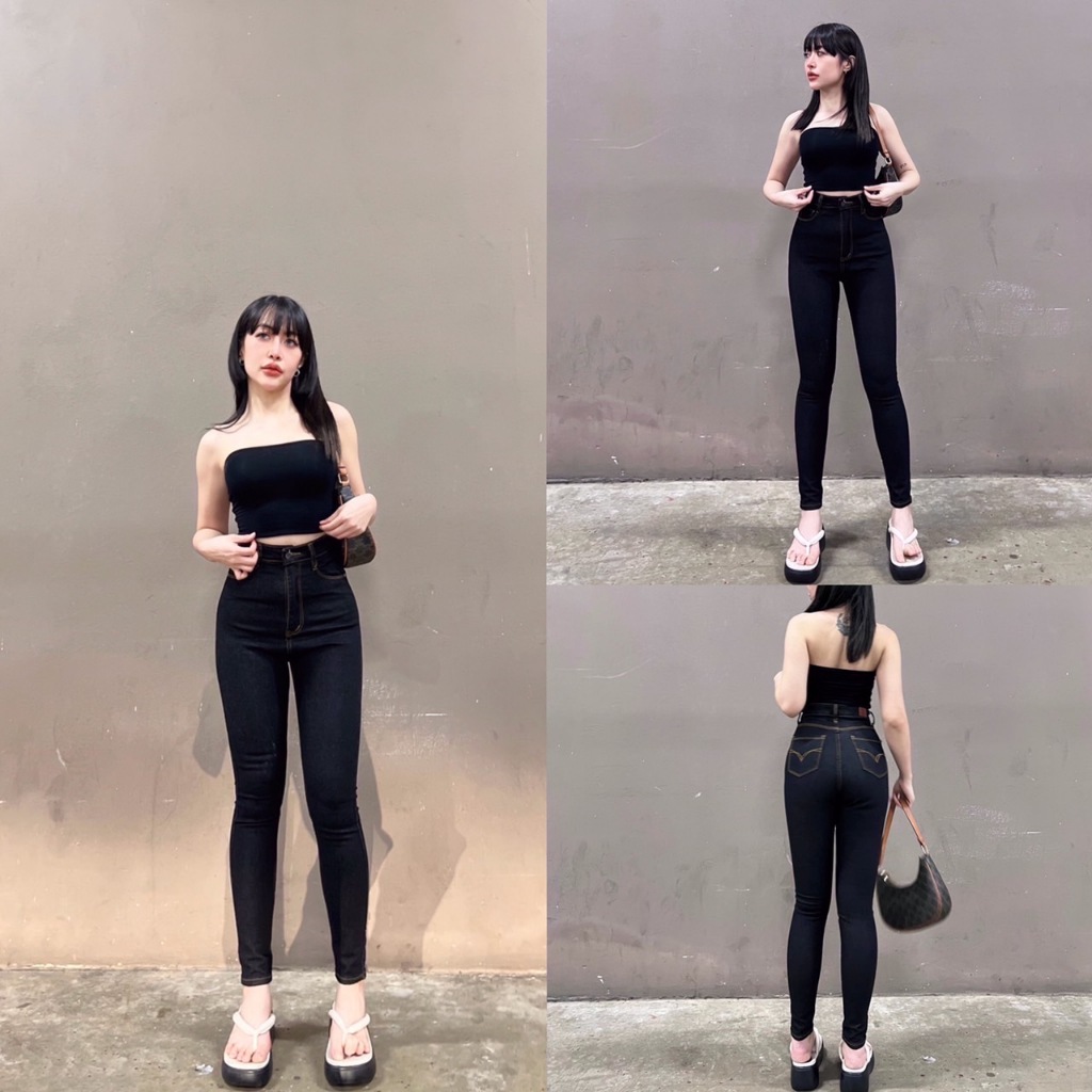 กางเกงยีนส์ขายาวทรงเดฟ(สกินนี่)ผ้ายืดค่ะ ทรงสวย สีดำมิทไนท์ ~~ เอวสูงปรี๊ดเก็บหุ่นเก็บทรงดีมาก  ผ้ายืด 2-4 นิ้วเลยค่ะ