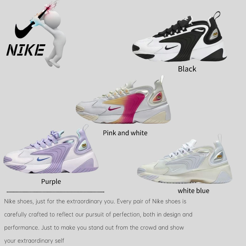 Nike Zoom 2K mesh ดูดซับแรงกระแทก กันลื่น ทนต่อการสึกหรอ รองเท้าวิ่ง low-top ระบายอากาศสำหรับผู้หญิง สีดำและสีขาว/สีขาวแ