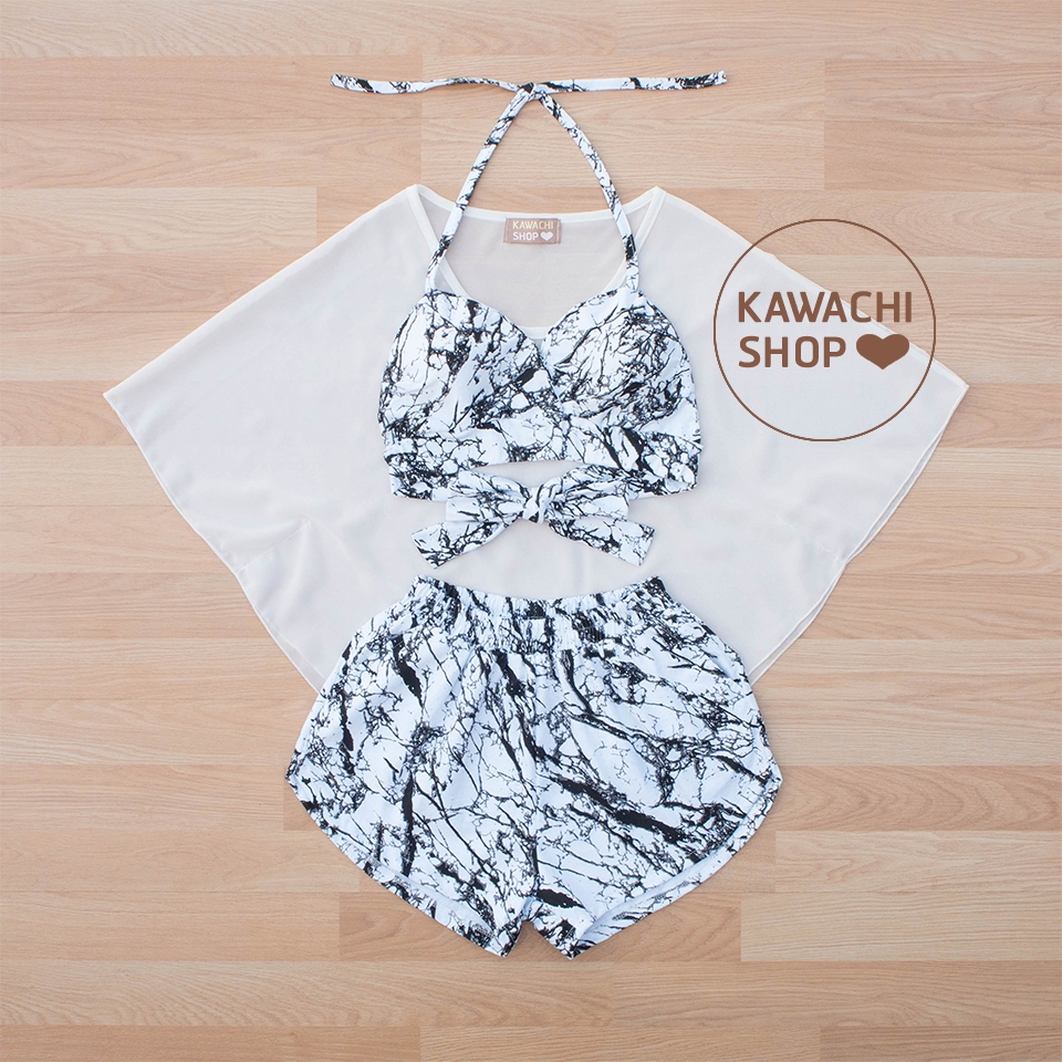 Kawachi - Marble Set (White) เซ็ต 3 ชิ้น ชุดว่ายน้ำ ชุดเที่ยวทะเล